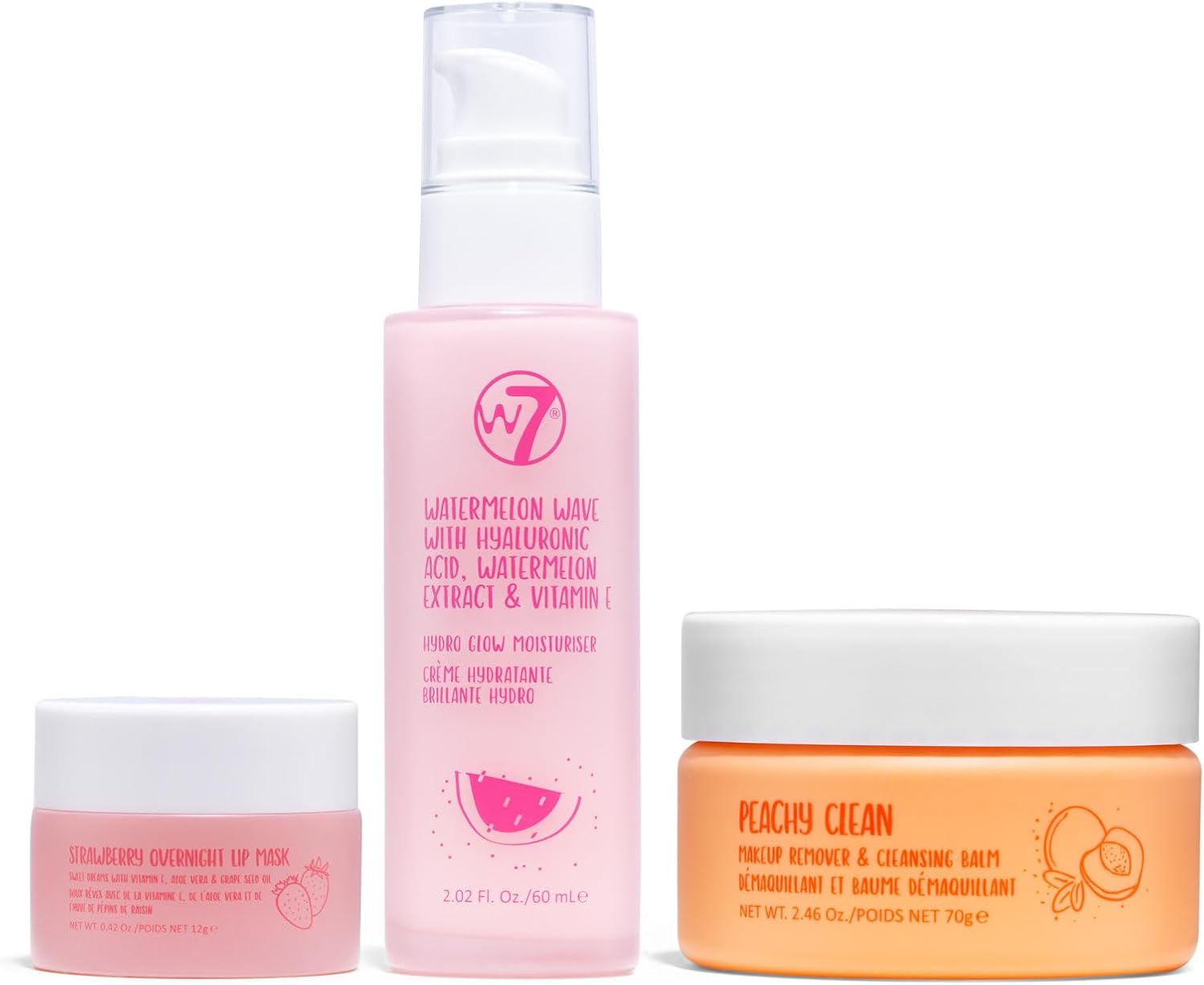 W7 Peachy Clean Makeup Removal, Aftercare & Cleansing Set - Remove Makeup, Moisturise & Soothe Skin and Lips - Including Sweet Dreams Overnight Lip Mask and Watermelon Wave Hydro-Glow Moisturiser