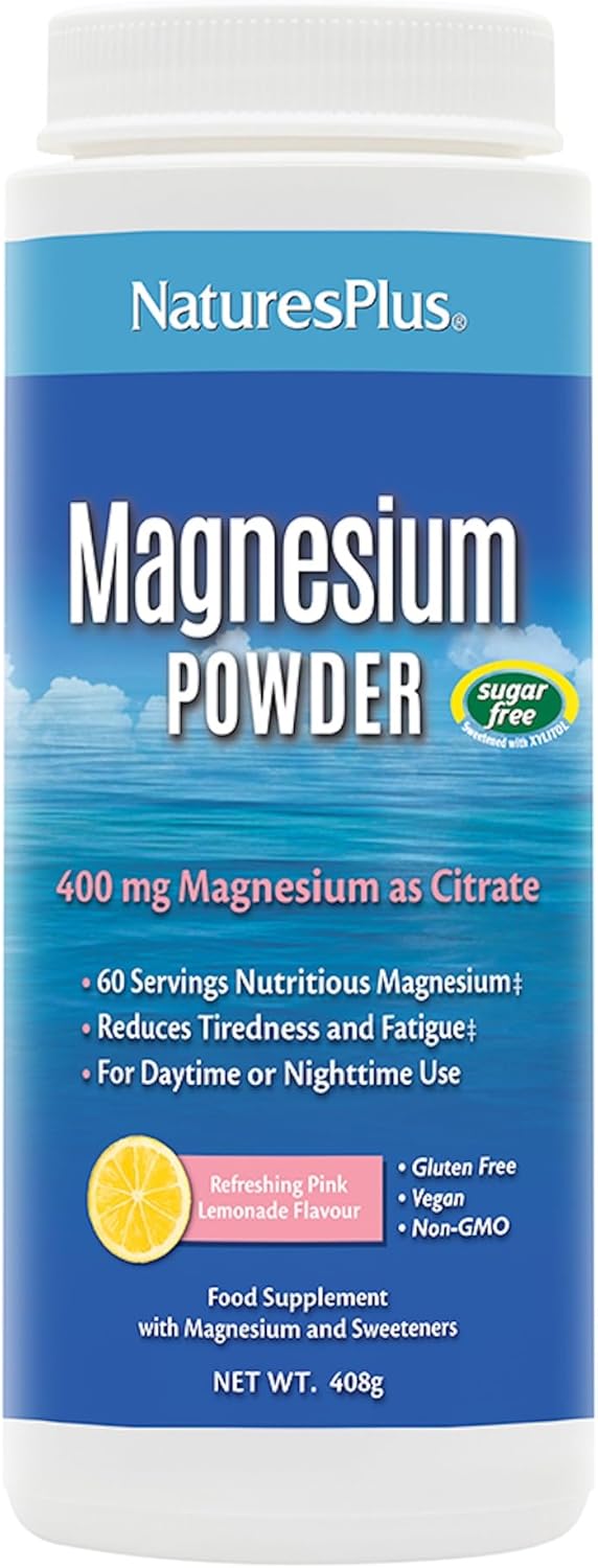 NaturesPlus Magnesium Powder Pink Lemonade Flavour - 400mg Highly Bioavailable Magnesium - Energy and Relaxation for Mind and Body - Vegan, Gluten Free, Sugar Free - 60 Servings