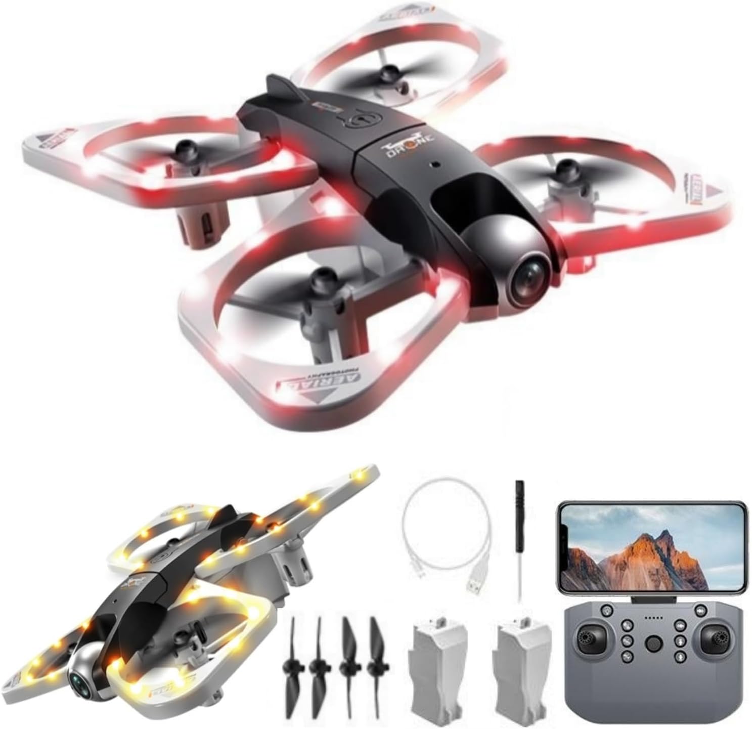 Mini Drone with Dual Camera, 4CH 6-Axis Gyro RC Quadcopter, 2.4GHz Anti-Interference,RGB LED， APP Control, Speed Adjustment, 360° Flip, Trajectory Flight, One-Key Takeoff/Landing, Altitude Hold, Up/Down, Forward/Backward, Left/Right Side Fly