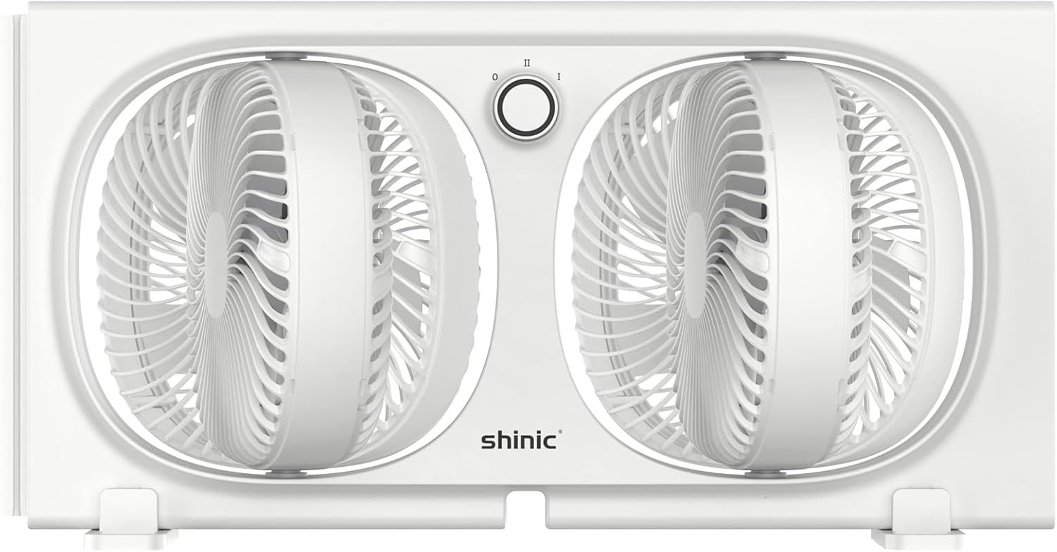 shinic 9" Twin Window Fan with 180°+90° Rotatable Fans, 2-Speeds, Vertical Window Fan with Rigid & Accordion Expanders, Width Adjustable (21.65" To 33.27"), Ideal for Home, Kitchen, Bedroom, Office