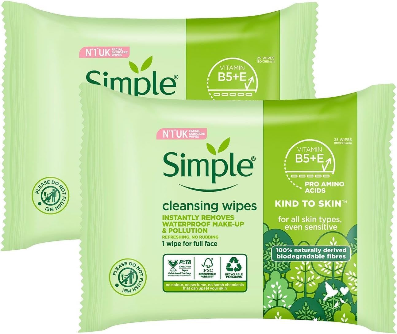 Simple Facial Wipes Pack of 2 Biodegradable Cleansing Wipes for Sensitive Skin Removes Makeup Dirt and Impurities Dermatologically Tested Moisturising Face Wipes with No Artificial Perfume or Colour