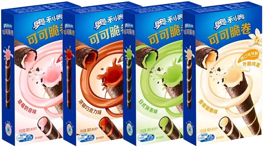 OREO Cocoa Crispy Roll Assorted Flavours Biscuit Snacks - Matcha, Chocolate, Strawberry & Vanilla Flavours 50g (4 Packs)