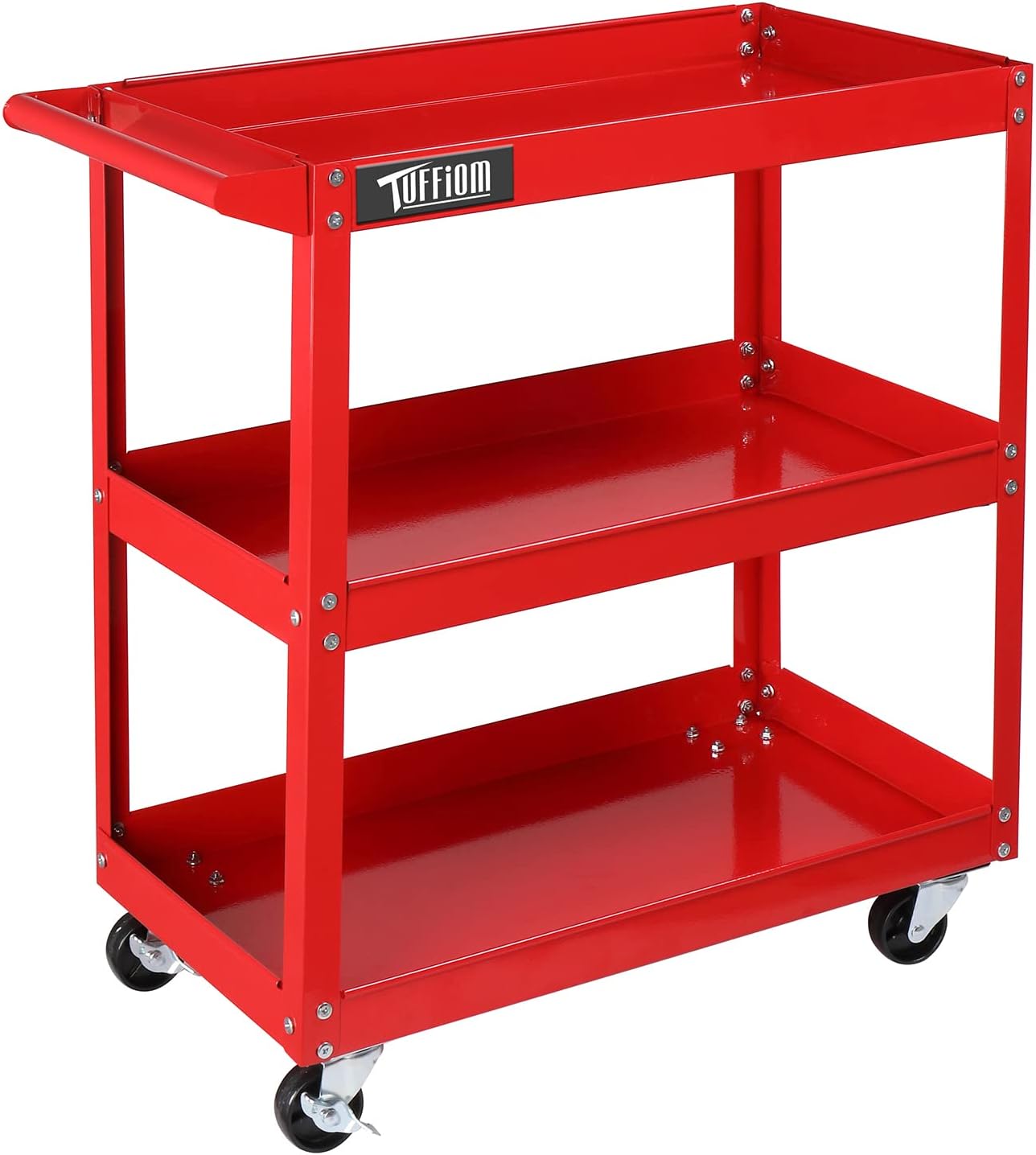 TUFFIOM 3 Tier Rolling Tool Cart, 330 Lbs Capacity, Red, 3 Shelves Steel Utility Cart for Garage, Workshop, Warehouse & Repair Shop