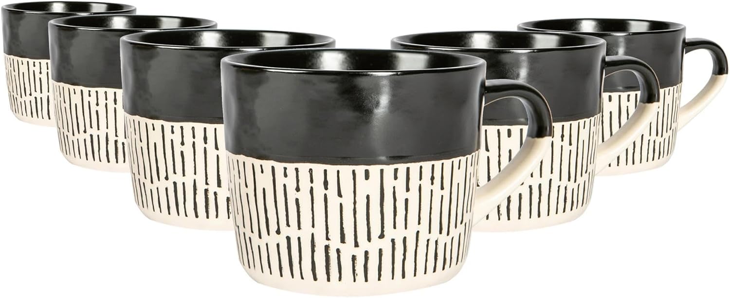Nicola Spring Ceramic Coffee Mugs Set - 475ml - 6pc Black Dipped Dash Stoneware Coffee Cups Dishwasher & Microwave Safe Large Tea Mugs for Hot Drinks, Hot Chocolate, Tea