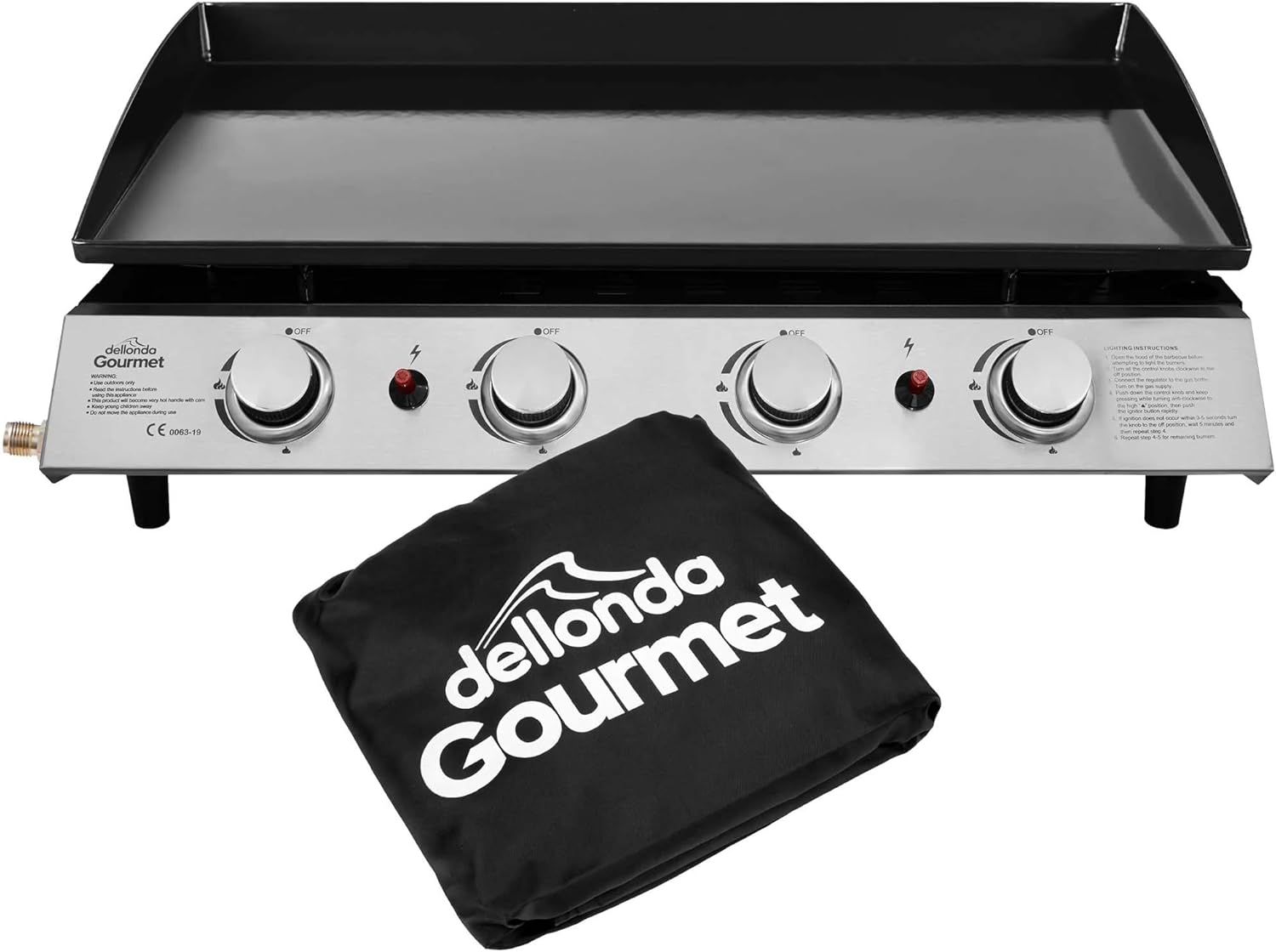 Dellonda 4 Burner Portable Gas Plancha 10kW BBQ Griddle, Supplied with Water Resistant PVC Cover, Stainless Steel - DG234