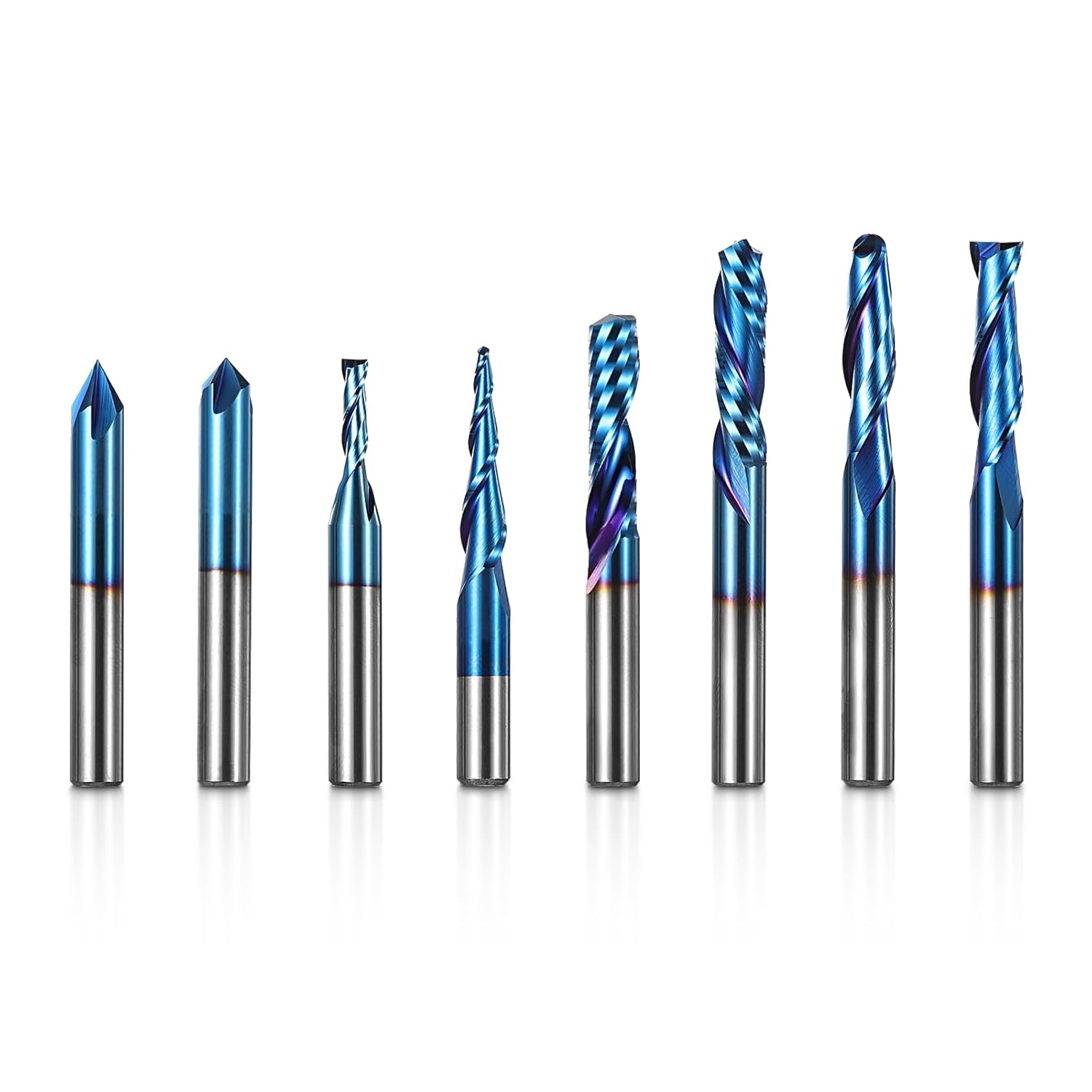 Genmitsu 8pcs End Mills CNC Router Bits, CNC Router Bit Set, 1/4" Shank Tungsten Steel CNC Cutter for Milling Machine with Nano Blue Coating, Tool for Aluminum, Metal, Plastic, MDF & Wood, MRBC08