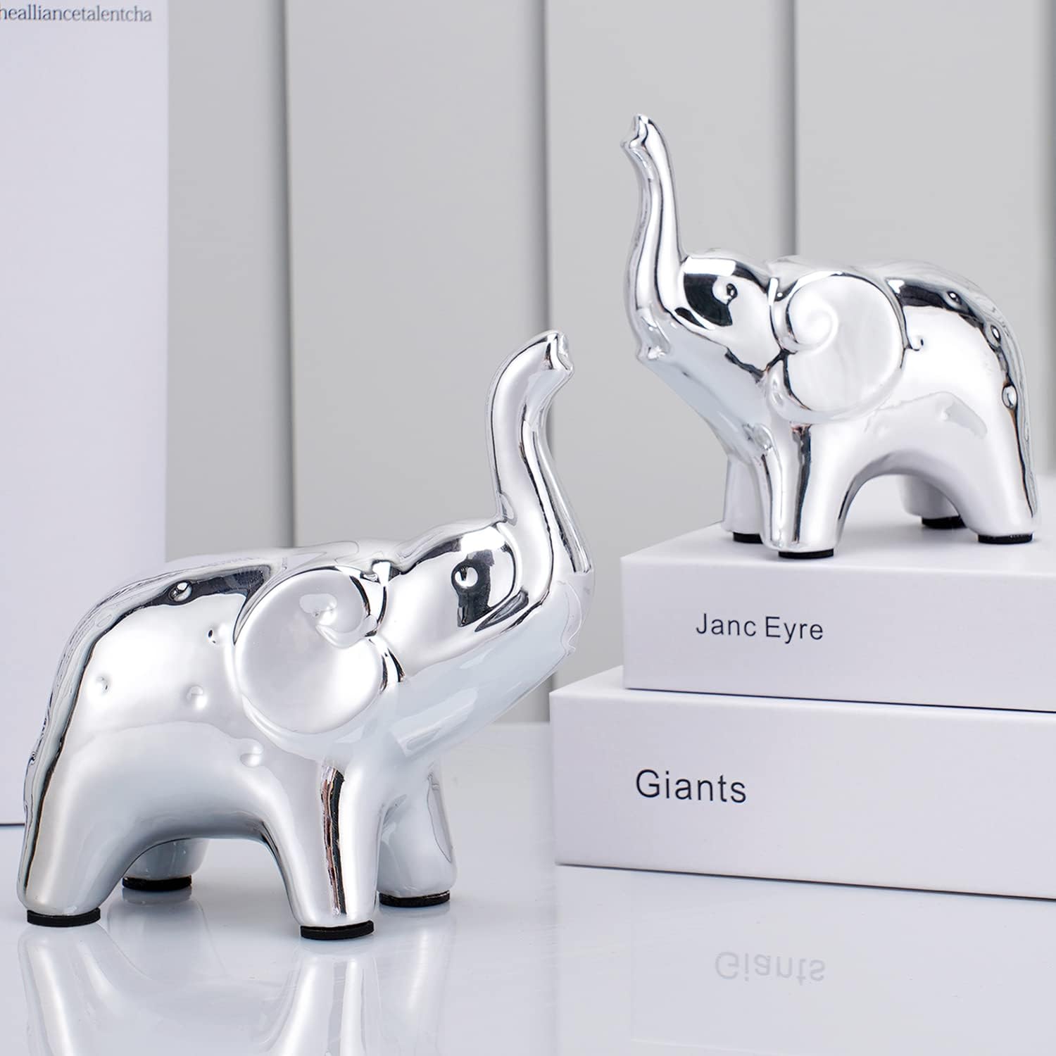 JIMBON A Pair Silver Elephant Statue Home Decor, Modern Style Figurines, shelf ornaments for Living Room Office Desktop Bookshelf, Ceramics Presents for Women, Ideas