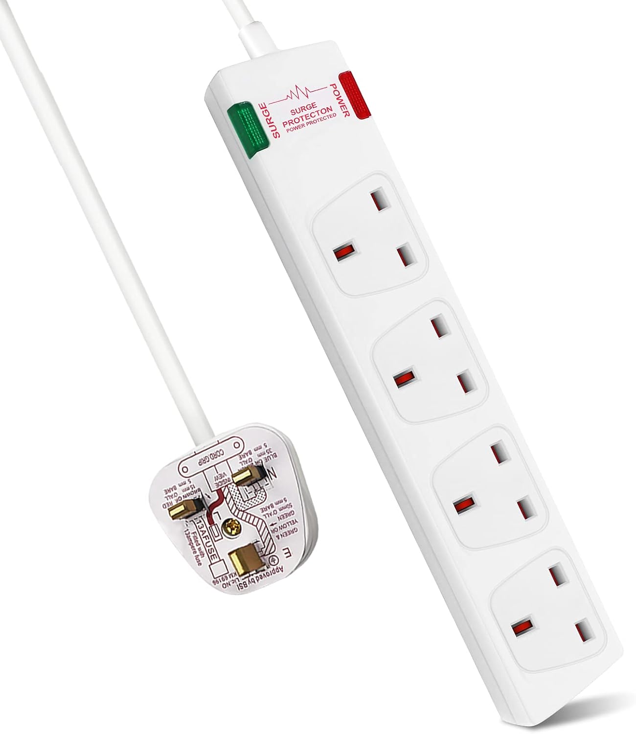 ExtraStar 4 Way Extension Lead with Surge Protection, 13A/250V~ Multi Sockets Power Strips, 3120W Fused UK Plug Wall Mounted Power Socket with 1M Extension Cord-White