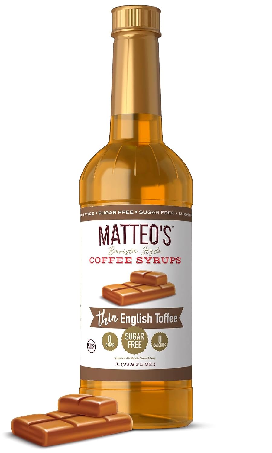Matteo's English Toffee Syrup for Coffee & Desserts, 33.8oz, 1 Pack | Sugar Free English Toffee Syrup For Coffee, Lattes, Cappuccinos, Desserts And Beverages, Zero Calories