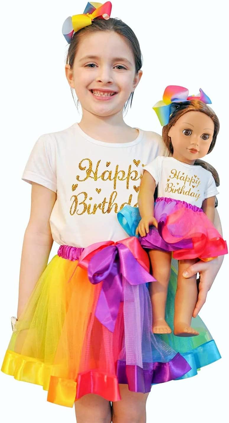 ZITA ELEMENT Birthday Clothes Outfits for Girls Matching Dolls - 1 Cotton Shirts with Sequins Rainbow, 1 Rainbow Tutu Skirts and 1 Bow Hair Clips for 7-9 Years Girls and 18 Inch Girl Dolls