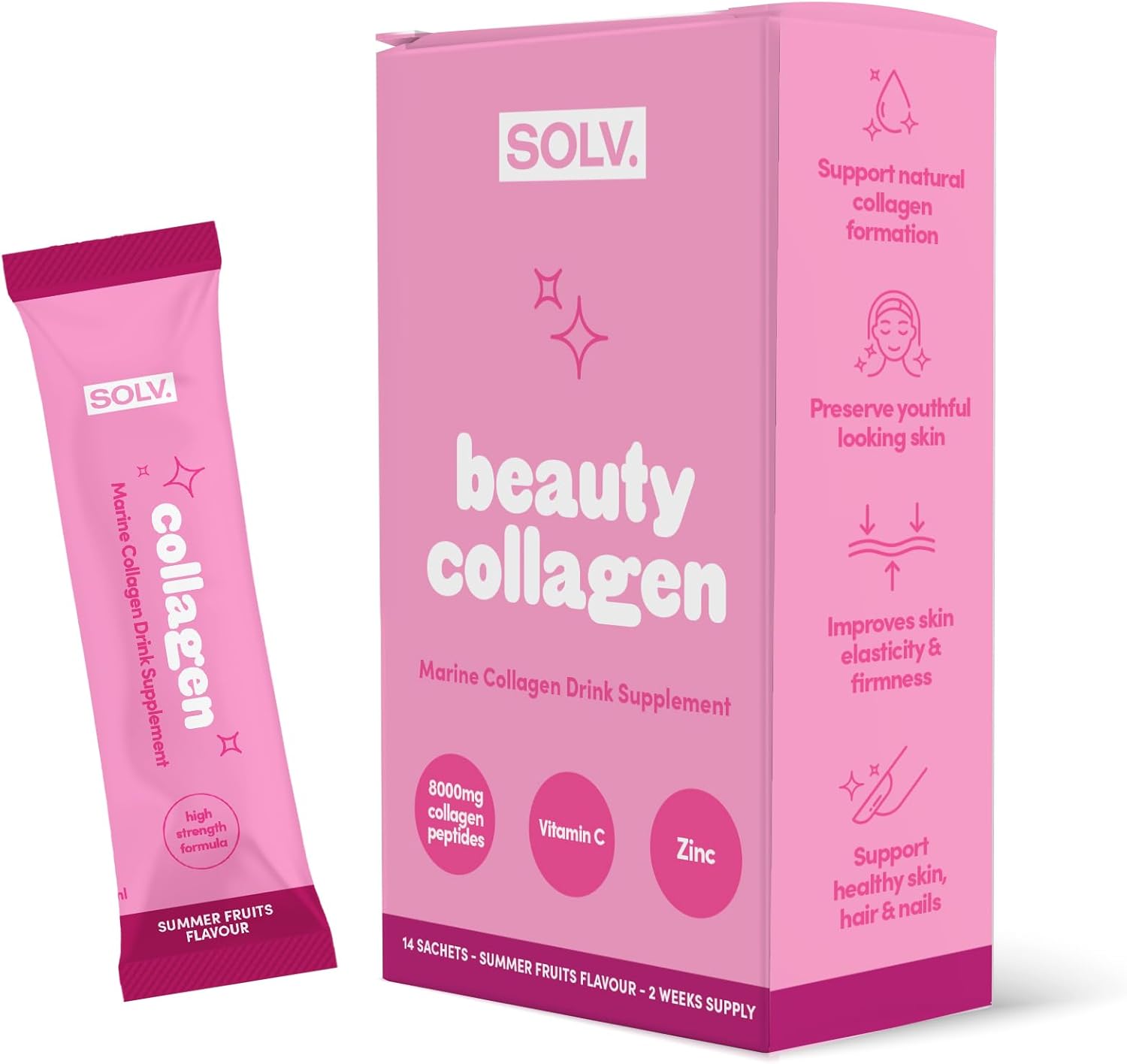 Solv Liquid 8000mg Marine Collagen Peptide Beauty Supplement Gel 14x15ml Sachets High Strength Great Tasting Vit C Biotin. For Skin, Hair, Nails. Firmness, Elasticity Menopause Support (Summer Fruits)