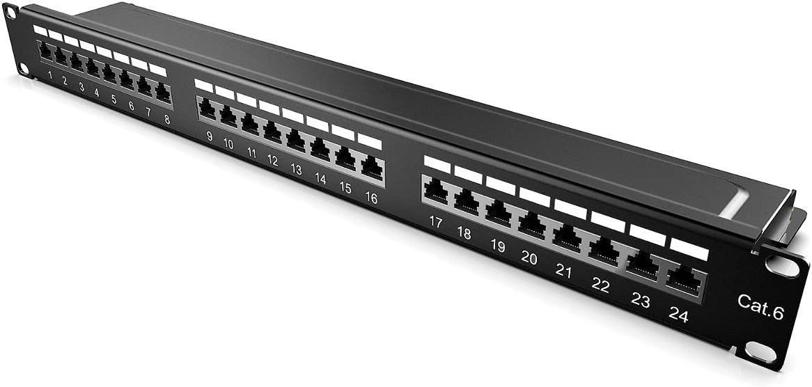kwmobile 24 Port Cat6 Patch Panel - 19 Inch Cat 6 Network Patch Panel Mountable Rack RJ45 Ethernet Hub with Cable Management Bar and Accessories