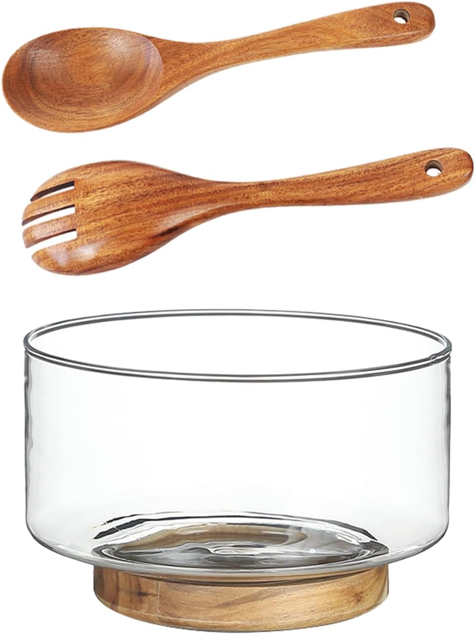 Large Glass Salad Bowl Set - Salad Serving Bowl with Acacia Wood Base and Salad Hands Serving Bowls for Parties, Christmas, Thanksgiving for Salads, Fruit, Pasta, Etc (Medium)