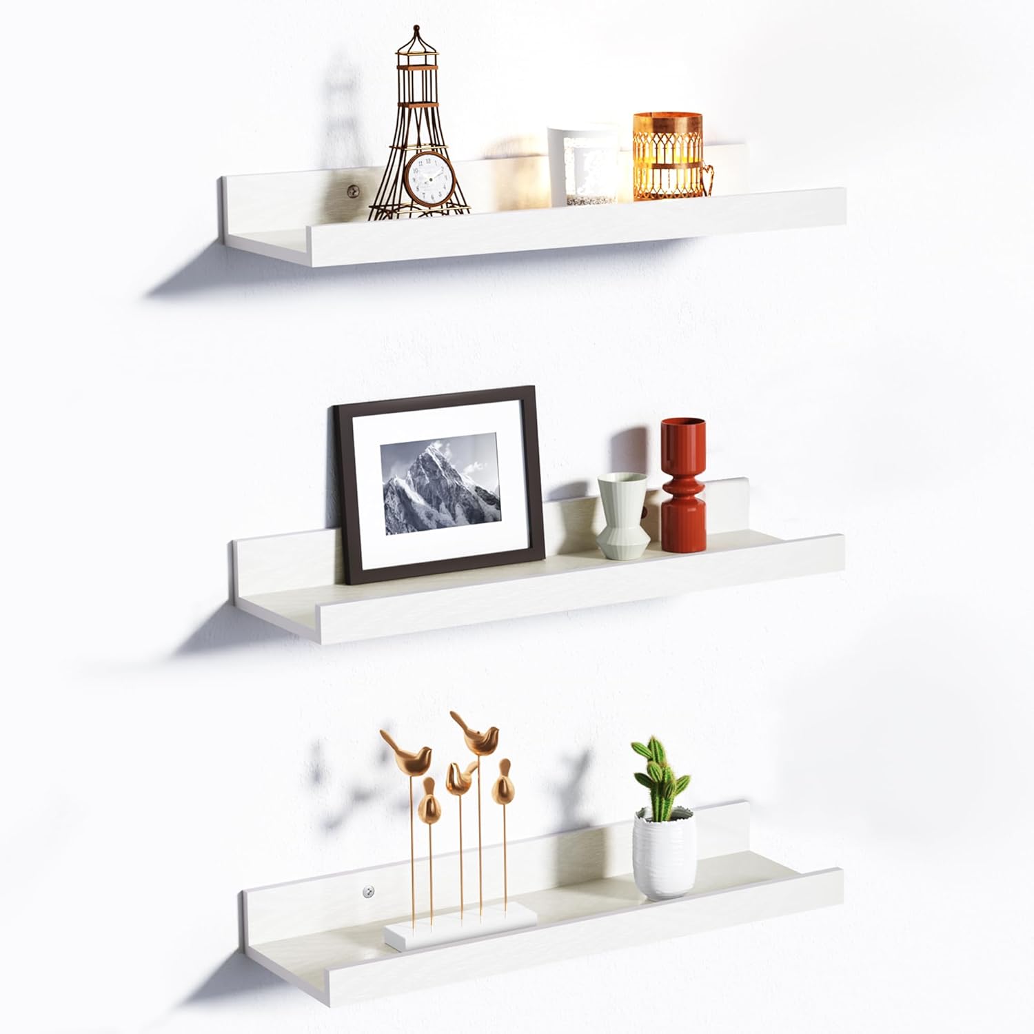 upsimples Floating Shelves for Wall, 3pack Modern White Shelves for Room Decor 40CM,Wall Mounted Storage Shelf for Bathroom, Bedroom, Living Room, Kitchen