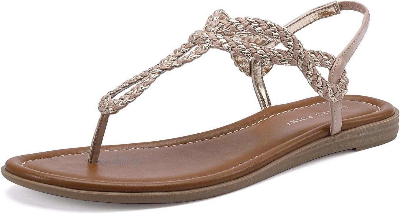 CentroPoint Women's Braided T-strap Thong Slip On Flat Sandals With Elastic Brand Roman Gladiator Fashion Flip Flop Shoes