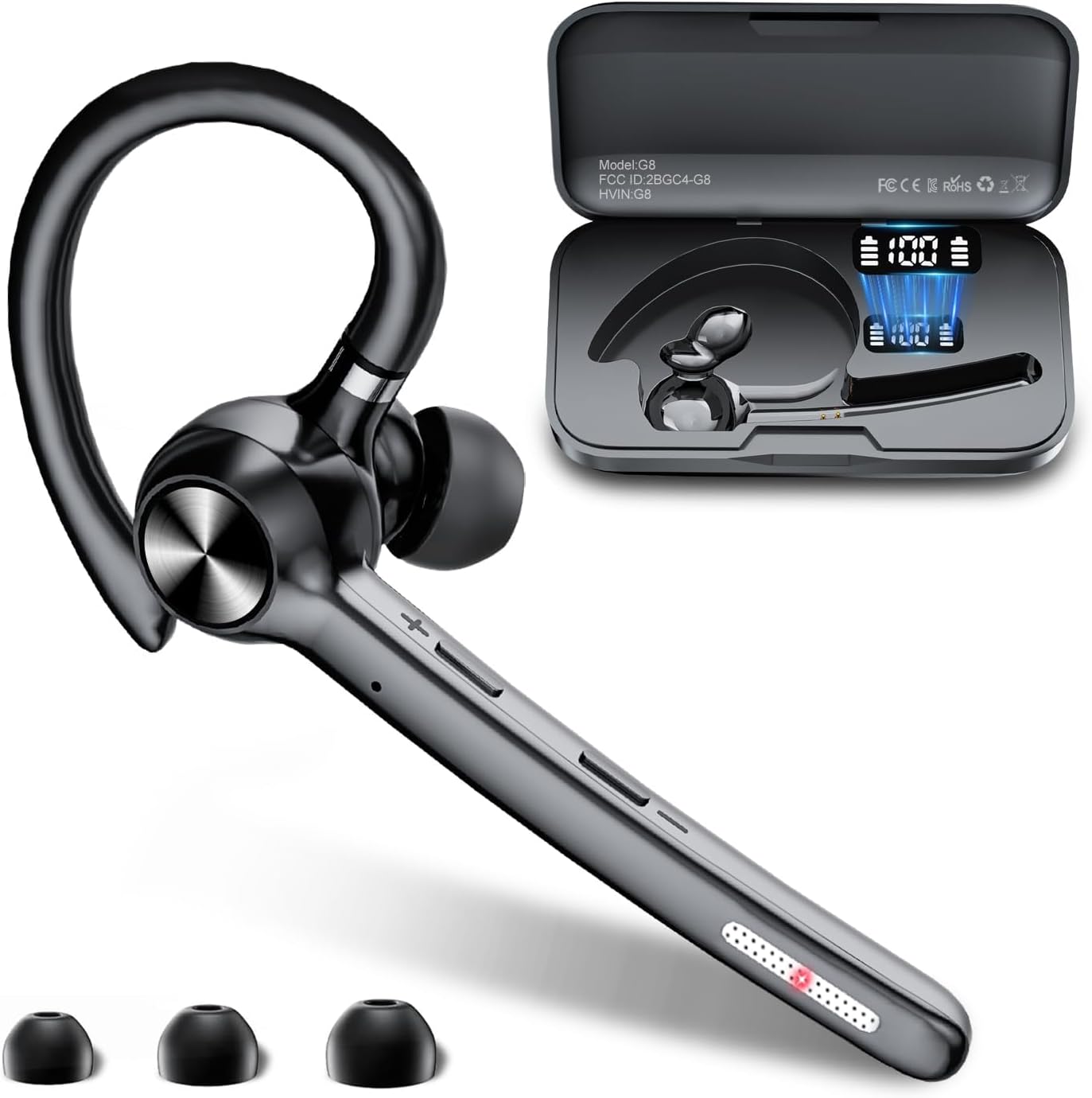 Bluetooth Headset, Wireless Bluetooth Earpiece With 400mAh Charging Case,150 Hours Talktime Hands Free Noise Canceling Headphones for iOS Android Cell Phone, Built-in Mic for Trucker, Office.