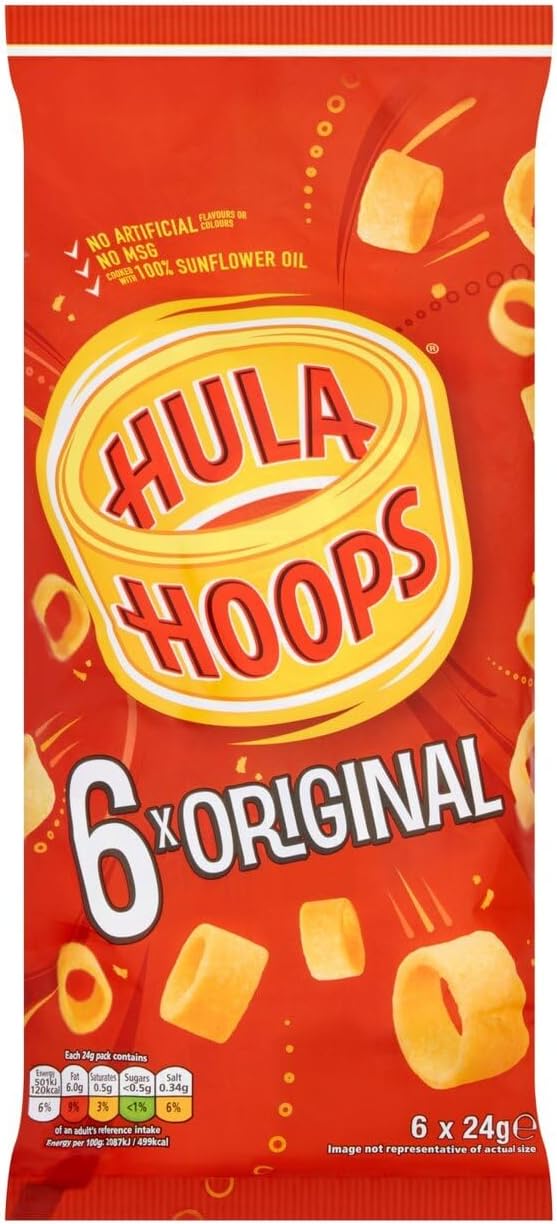 Hula Hoops - ORIGINAL Multipack 6 x 24g Bags - Deliciously Crunchy Potato Rings - Completely free from artificial flavours, colours and MSG, Suitable for Vegetarians.