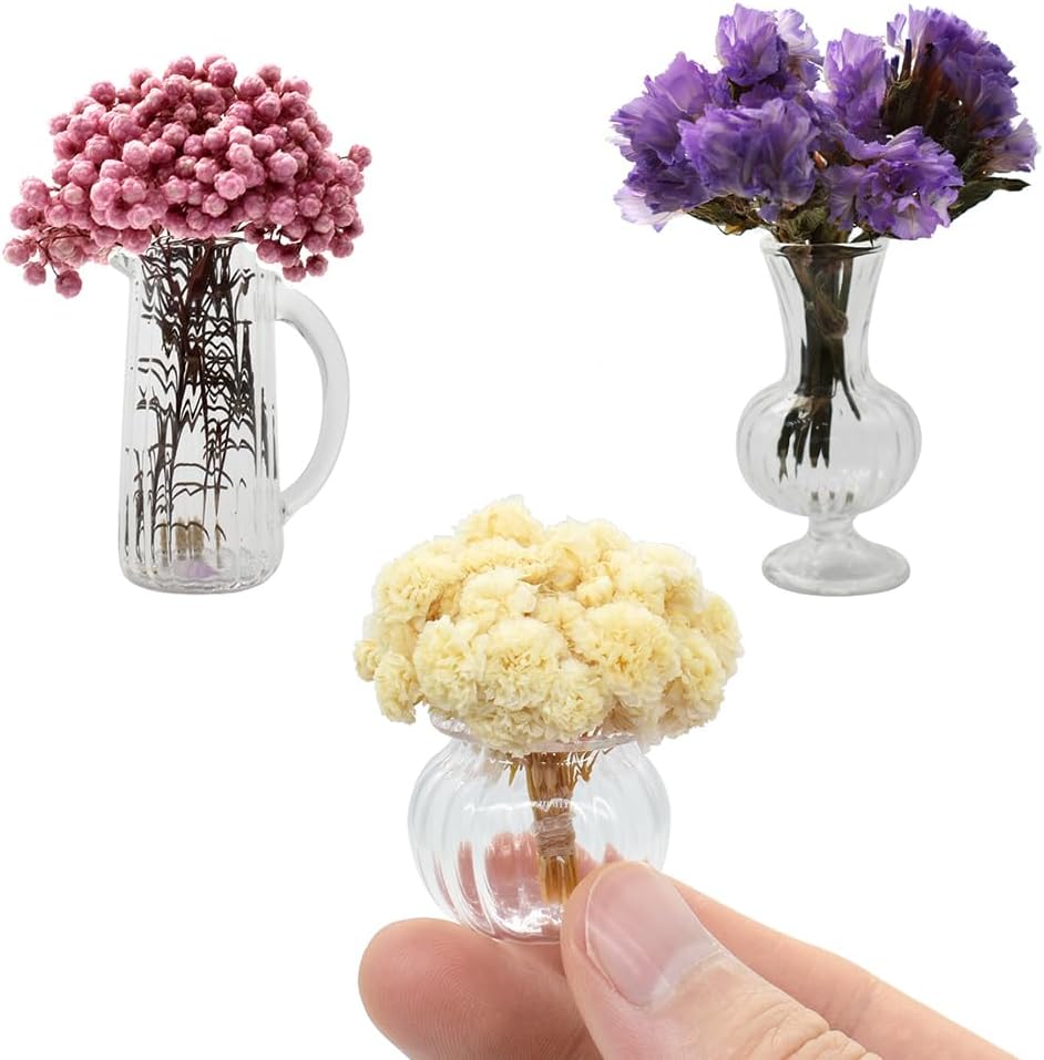 iLAND Miniature Dollhouse Accessories fits Barbie Furniture, Glass Vases w/ Dried Flowers Set for Dollhouse Furniture Antique (Luxurious 3pcs)(Luxurious 3pcs)