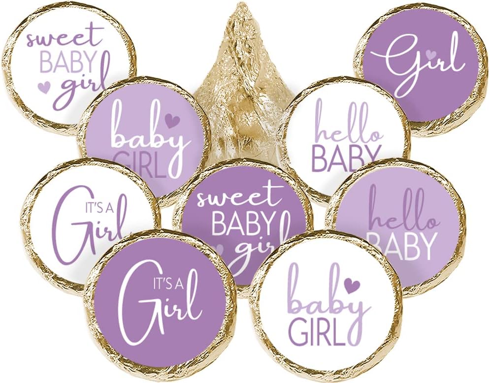 Purple It's a Girl Baby Shower Chocolate Kisses Party Favor Candy Stickers, Lavender Baby Shower - 180 Count