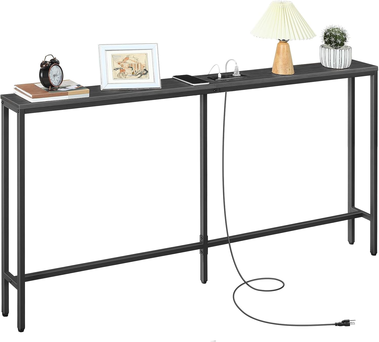 MAHANCRIS Skinny Console Table with Power Outlets, 160 cm Narrow Sofa Table, Behind Couch Table with Charging Station for Plants, Living Room, Black ACTBK165KE01