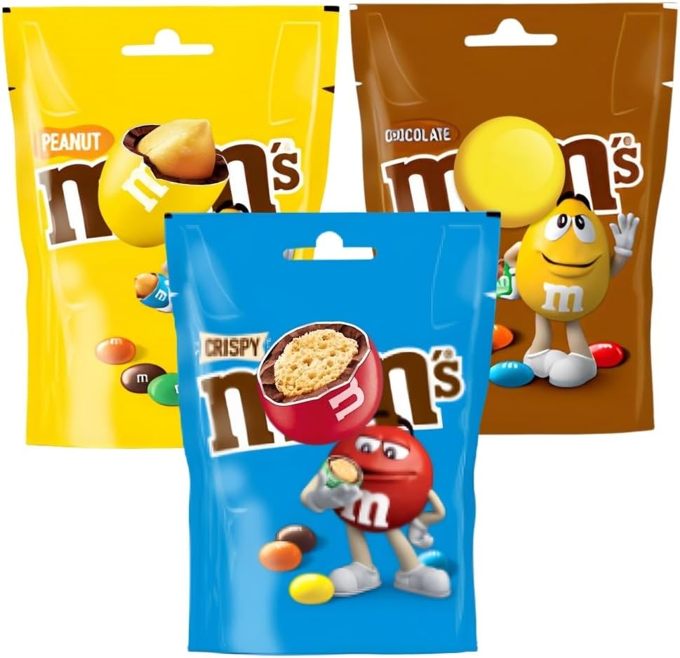 Mini Assorted Candy Coated Chocolate Sharing Pouch Milk Chocolate 125g, Crispy 107g & Peanut125g (3 Packs)
