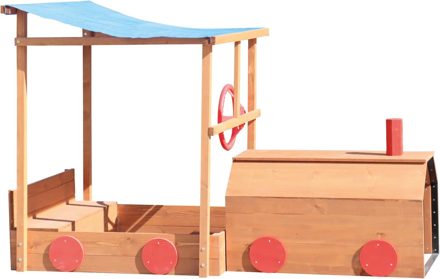 Big Game Hunters Wooden Sandbox - Choo Choo Train Sandpit with Canopy Shade Roof, Bench Seats, Toy Storage, and Protective Cover - Outdoor Children's Sand Pit for Garden Fun