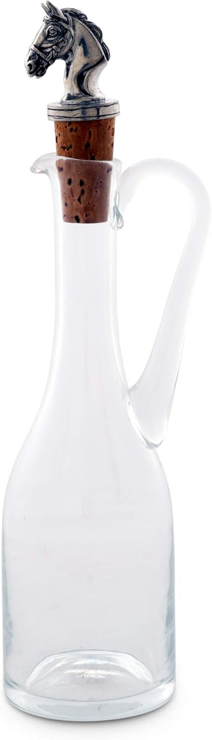 Vagabond House Hand-Blown Cruet Glass Bottle with Cork Stopper and Solid Pewter Horse Head Honey Oil Salad Vinegar Dressing Bottle - Hand Blown 9 inch Tall 5 oz