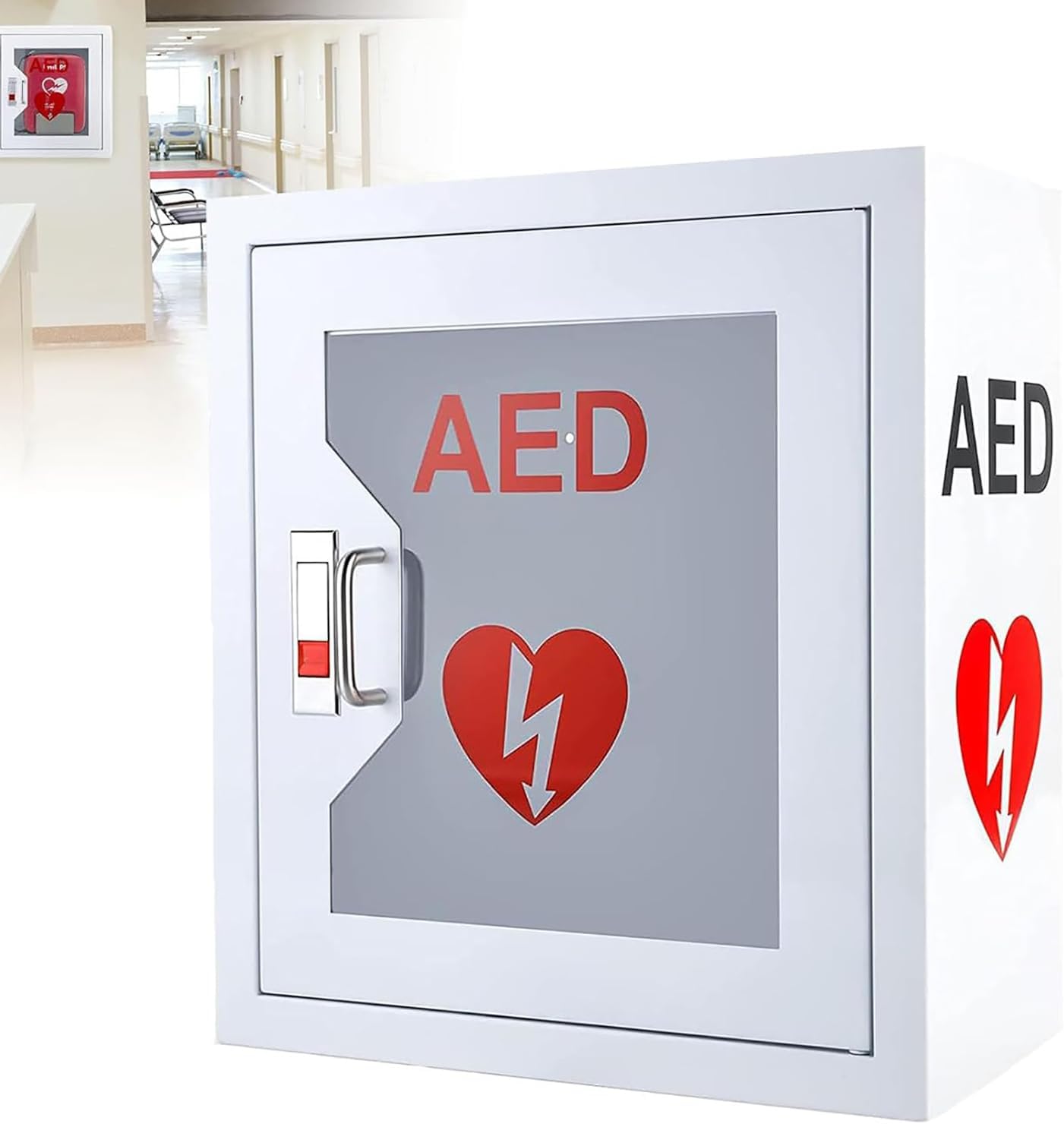 AED Defibrillator Storage Cabinet, Cardiac Defibrillation Alarm Box, Safe and Secure with Sirens and Flashing Lights, Emergency Kit Box & First Aid Kit for Home, School & Office