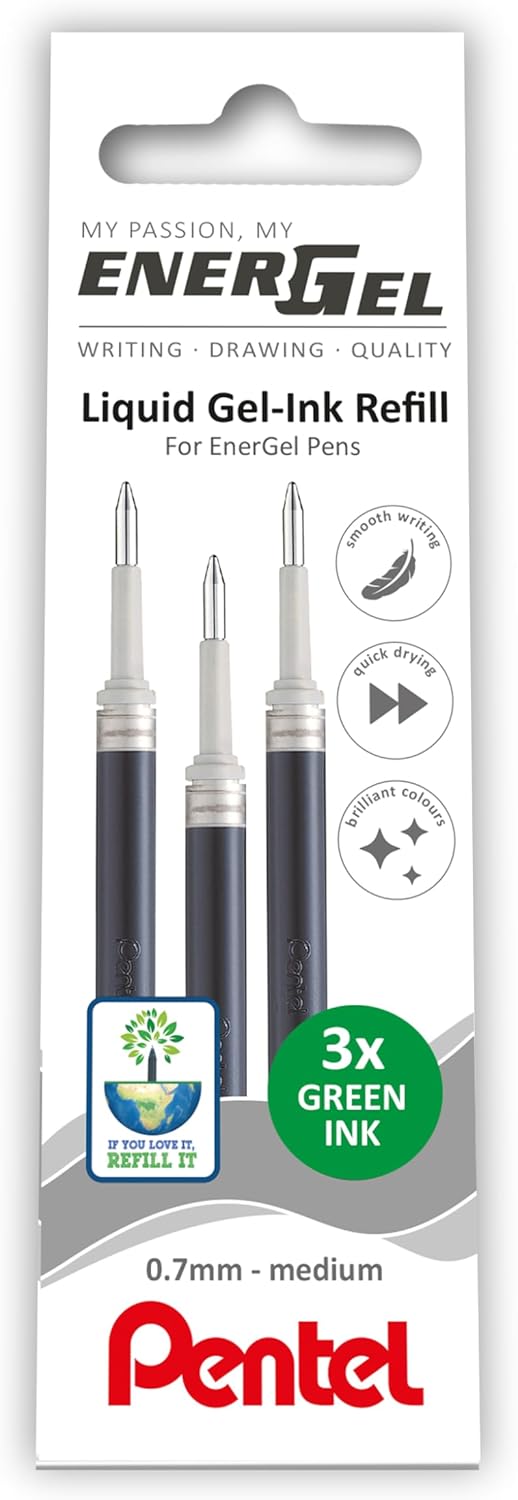 Pentel EnerGel 0.7mm Refill Wallet of 3 - Green