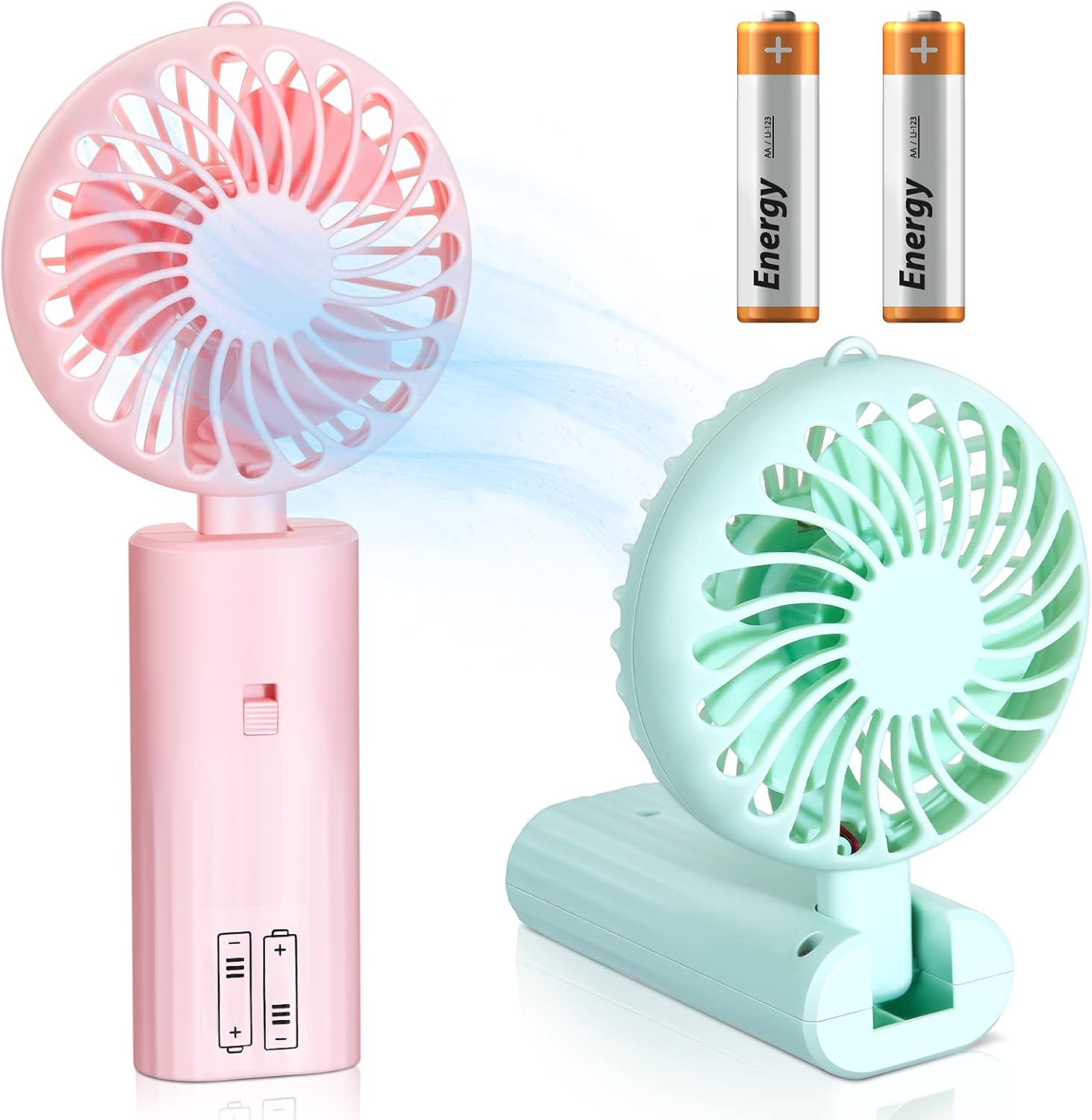 Censen 2 Pieces Portable Fan Small Hand Desk Fan AA Battery Powered Operated Handheld Fan, Mini Fan Foldable Desktop Fans for Cooling Travel Office Bedroom Home (Pink, Green)