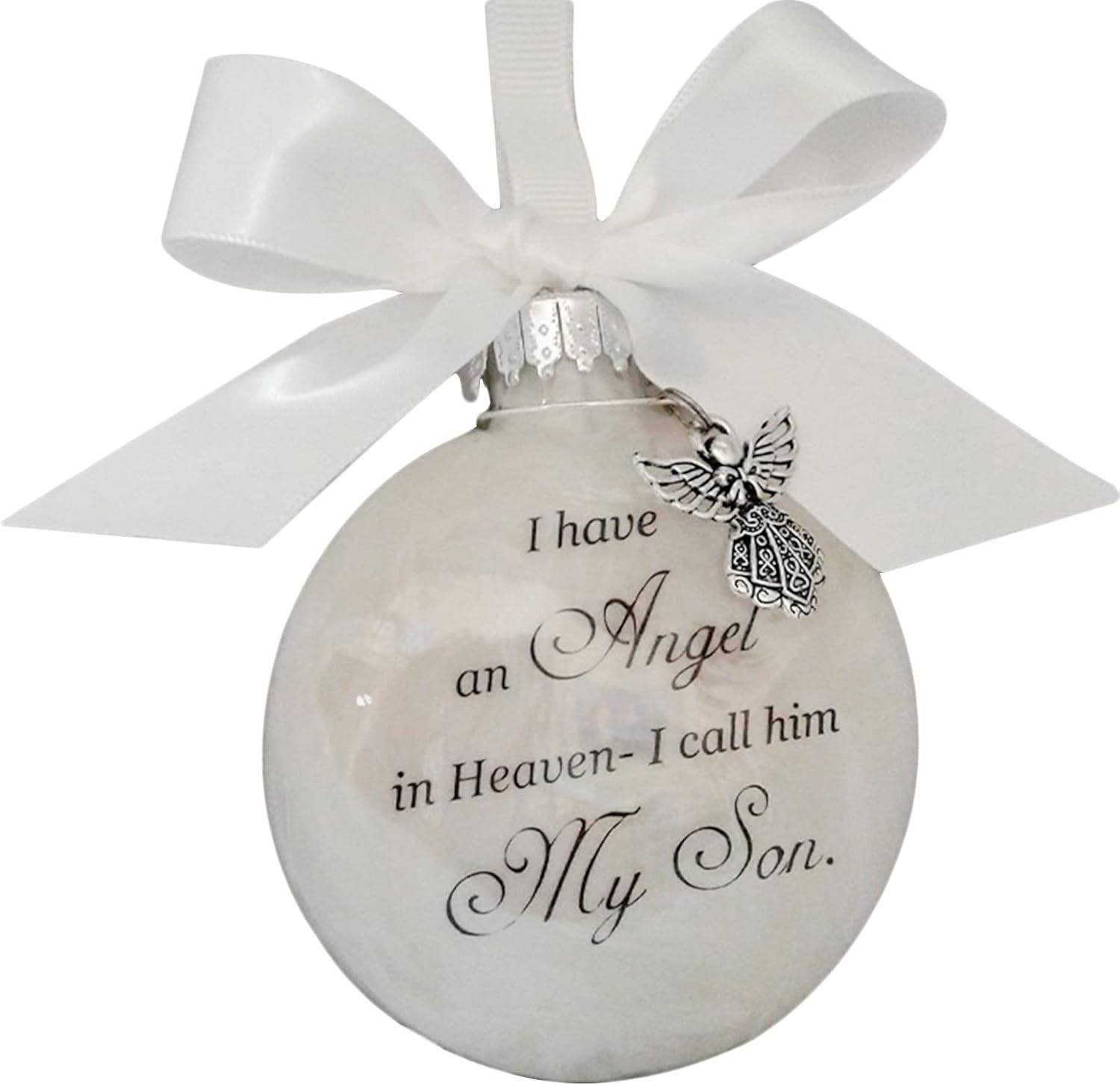 Memorial Ornament - Angel in Heaven - I Have an Angel in Heaven I Call Him Son - He Forever in Our Heart - White Elegant Classic Heart Memorial Hanging Ornament - Unscented - 8cm - 1 Count