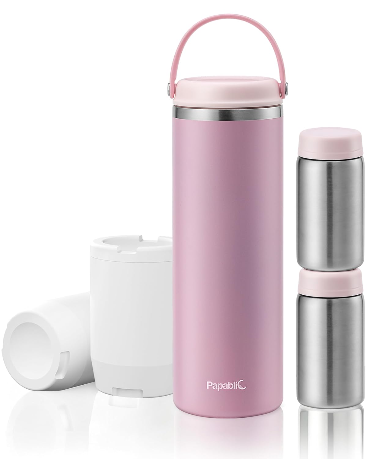 Papablic 360ยฐ CapsuleChill Breastmilk Cooler for 36H Safe Storage, Portable Breast Milk Chiller for Working Mom, 20oz Travel Cooler with 2pcs Stainless Steel Baby Bottles, Sakura Pink