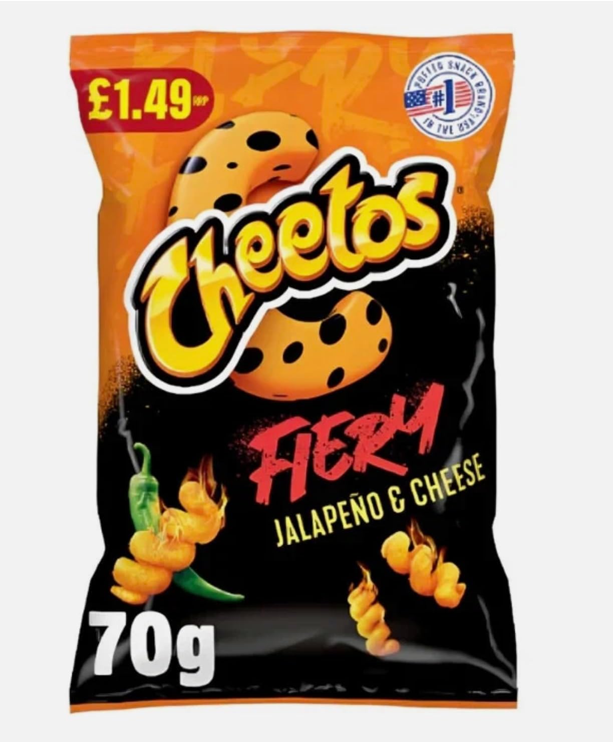 Cheetos Fiery Jalapeno & Cheese Snacks, Spicy Corn Crisps, 70g Bags, Pack of 18
