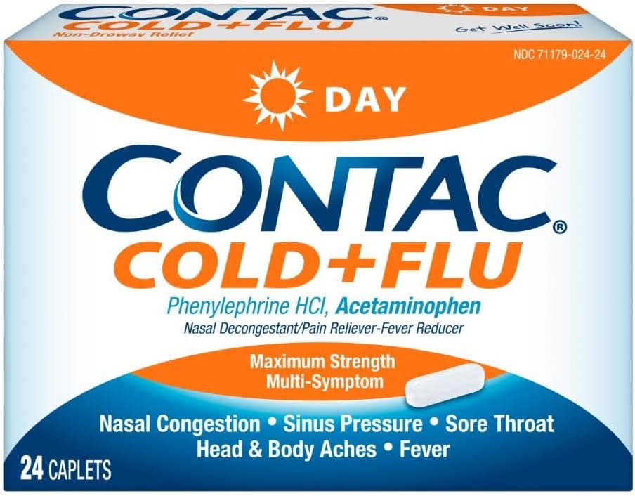 Contac Cold & Flu Medicine, Non-Drowsy, Powerful Multi-Symptom Daytime Relief for Nasal Congestion, Sinus Pressure, Headache, Fever, Sore Throat, Minor Aches and Pains, 24 Caplets