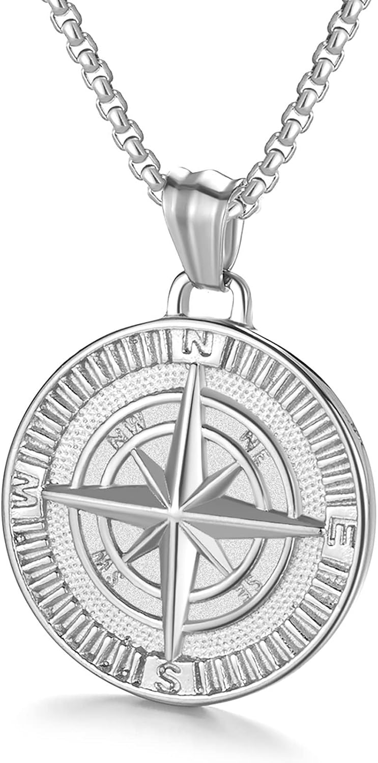 Men's Compass Pendant Necklace Stainless Steel Navigator Forged for Male Jewelry