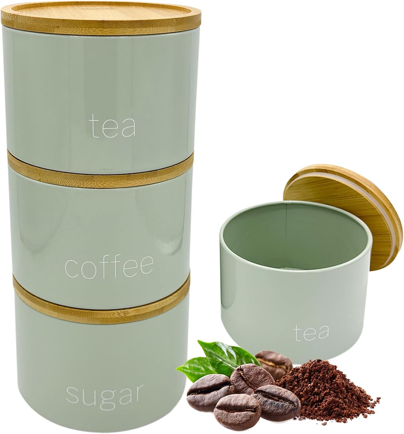 Set of 3 Stackable Tea Coffee Sugar Canister Airtight Food Storage Containers Sugar Jars Tin (Sage)