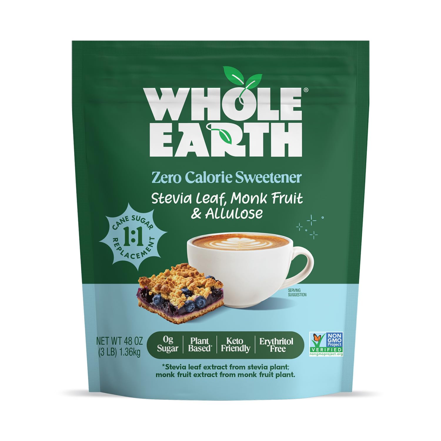 Whole Earth Zero Calorie Stevia, Monk Fruit & Allulose Sweetener, Zero Calorie Sugar Substitute, Keto-Friendly, Non-GMO, No Erythritol, Erythritol-Free, Pouch, 3LB Pouch
