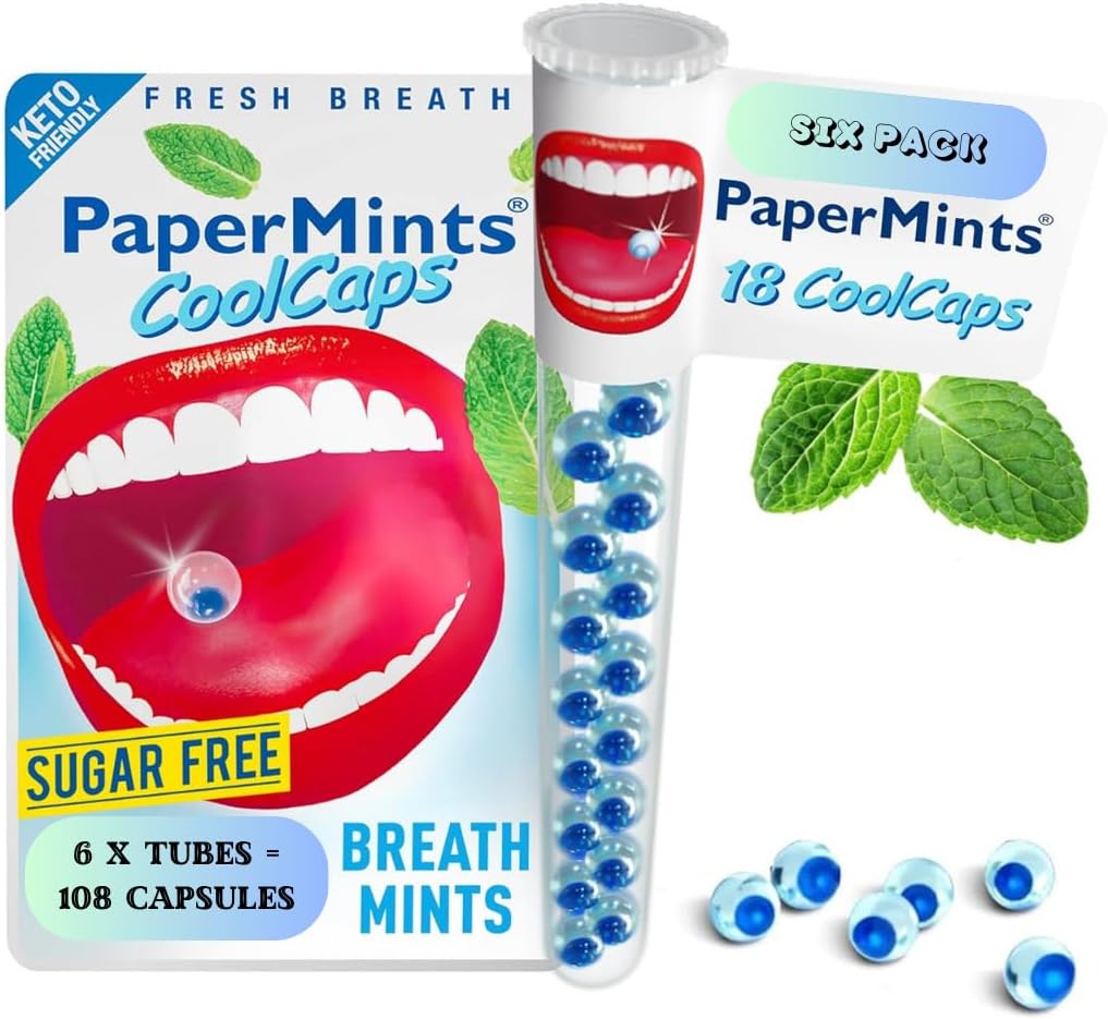 Goodbye halitosis with Cool PaperMints® Capsules - Breath Freshener Capsules (6 Tubes of 18 Capsules)
