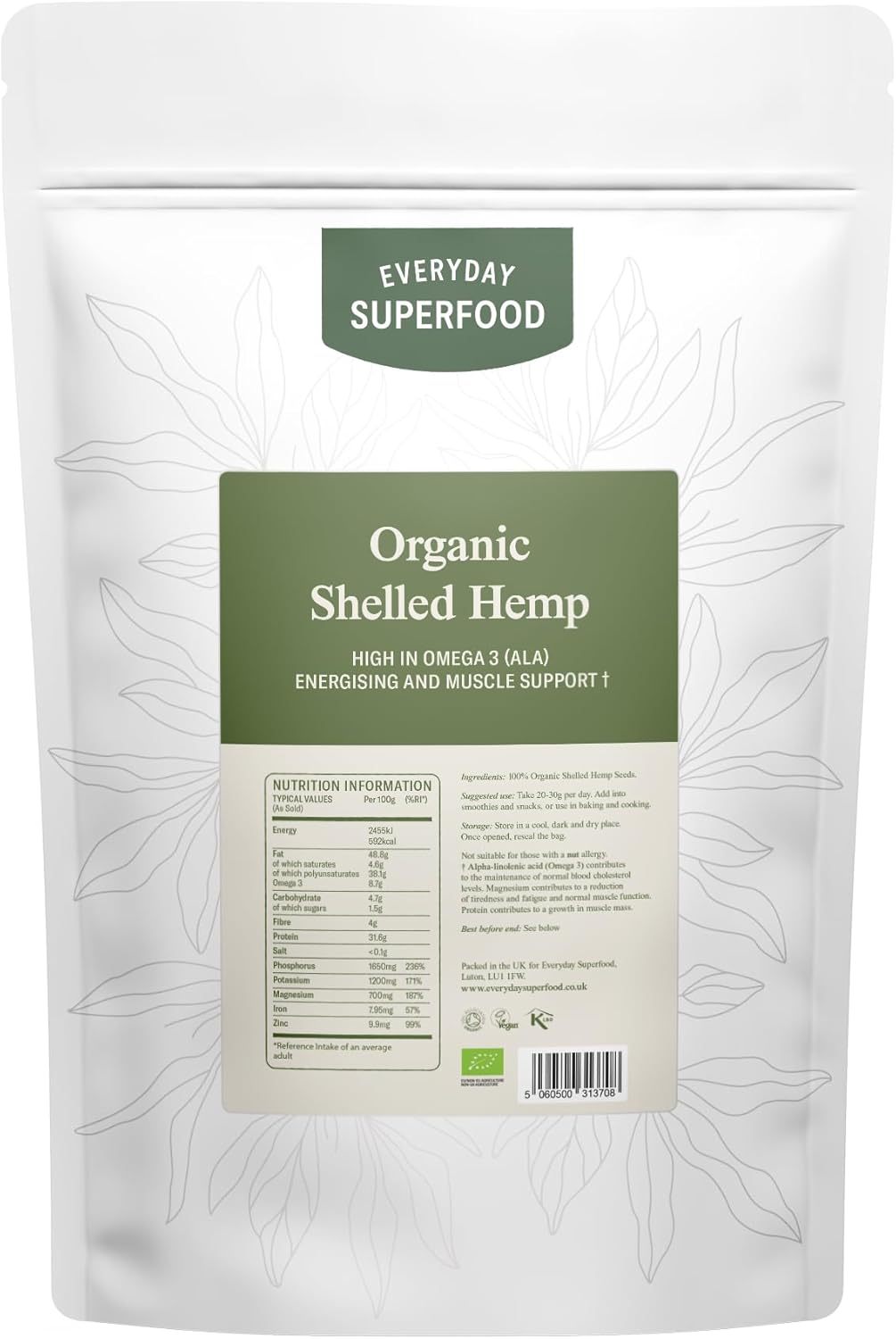 Everyday Superfood Organic Shelled Hemp 900g | European Hulled Hemp Seeds (Hemp Hearts)