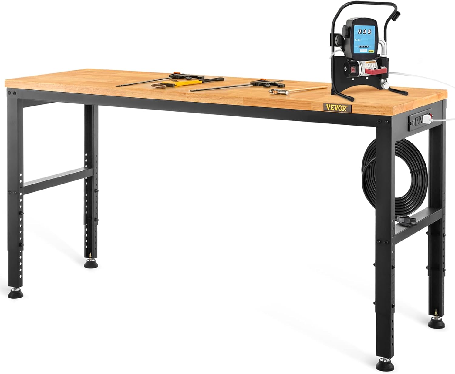 VEVOR Adjustable Workbench, 48" L X 20" W Garage Table w/ 28.3" - 38.1" Heights & 2000 LBS Load Capacity, with Power Outlets & Hardwood Top & Metal Frame & Foot Pads, for Office Home Garage