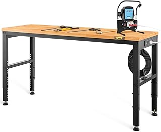 VEVOR Adjustable Workbench, 48" L X 20" W Garage Table w/ 28.3" - 38.1" Heights & 2000 LBS Load Capacity, with Power Outlets & Hardwood Top & Metal Frame & Foot Pads, for Office Home Garage