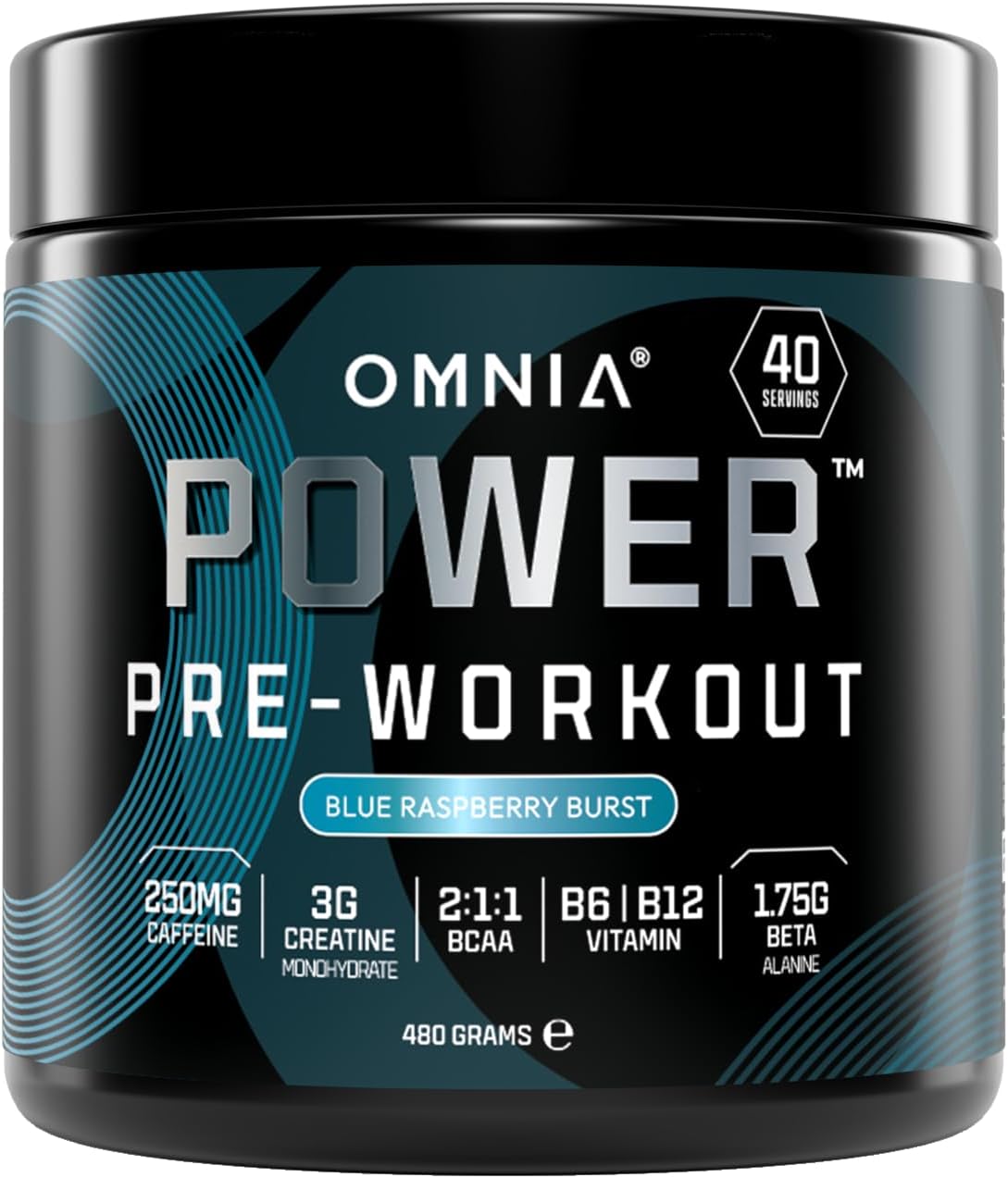 OMNIA Power Pre Workout Powder - Energy Drink with Creatine Monohydrate, Beta Alanine, Caffeine and Citrulline, Physical Performance for Gym or Sports, 40 Servings - Blue Raspberry Burst