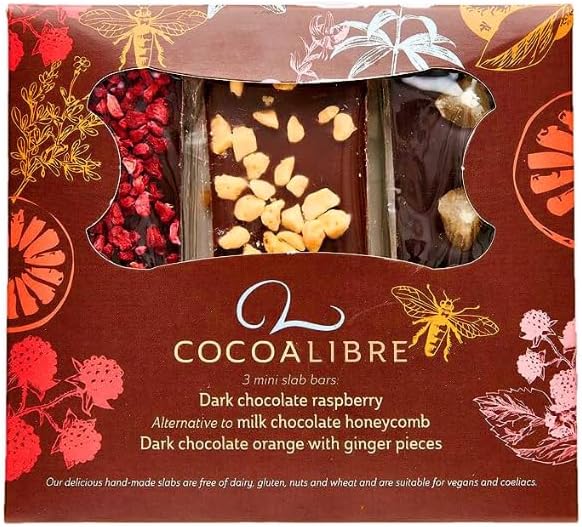 Cocoa Libre Triple Delight - Vegan, Dairy-Free, Nut-Free, Gluten-Free Mini Chocolate Bars - Raspberry, Honeycomb, Orange & Ginger, 120g