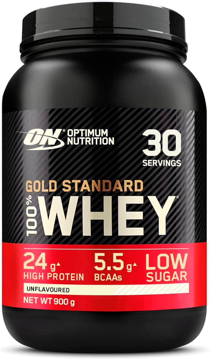 Optimum Nutrition Gold Standard 100% Whey Muscle Building and Recovery Protein Powder With Naturally Occurring Glutamine and BCAA Amino Acids, Unflavoured, 30 Servings, 900 g