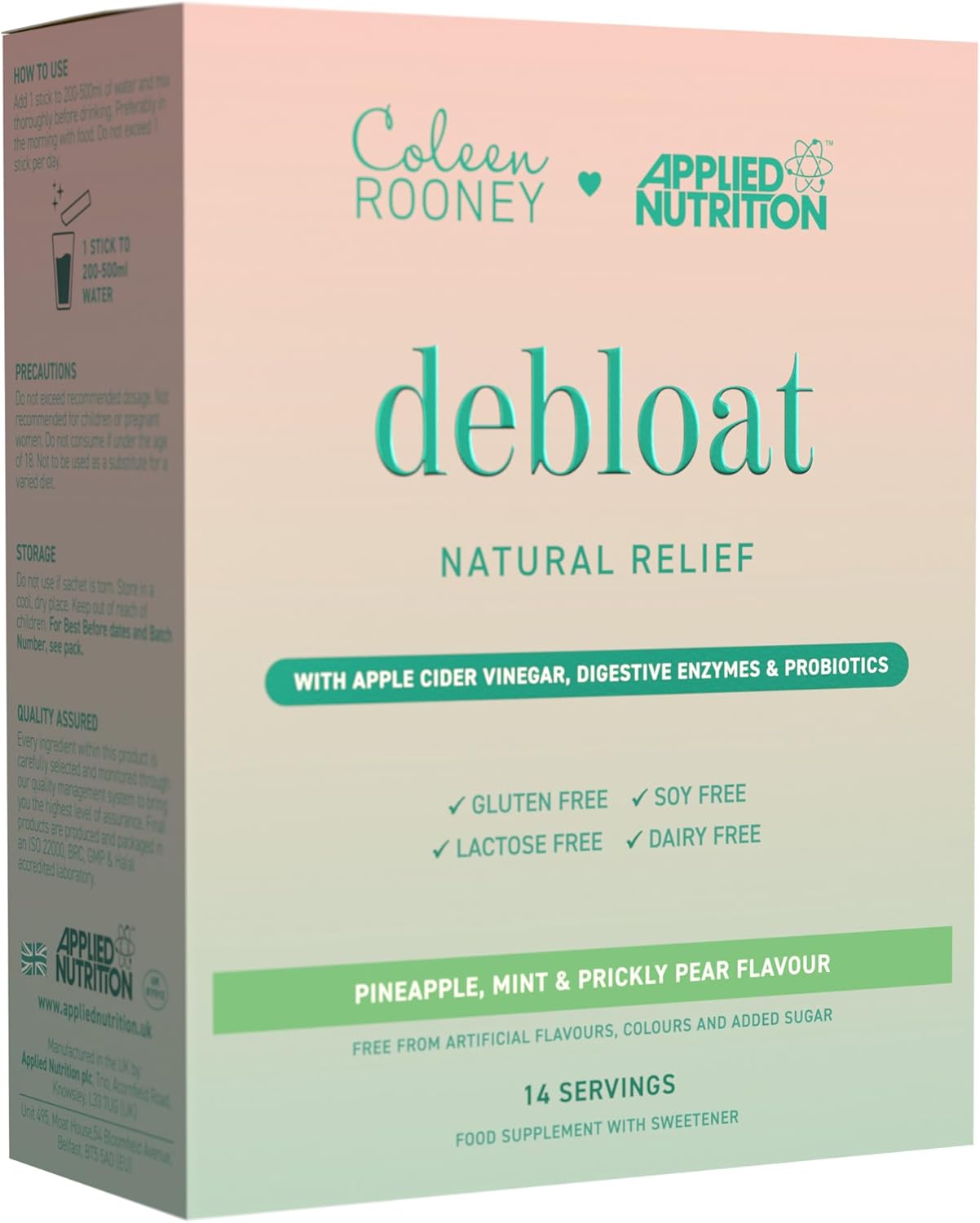 Applied Nutrition - Coleen Rooney - Debloat Powder - Apple Cider Vinegar & Enzymes, Best Digestive Health, Best Vegan Gut Support - Natural Bloating Relief (14 x 9.1g) (Pineapple, Mint & Prickly Pear)