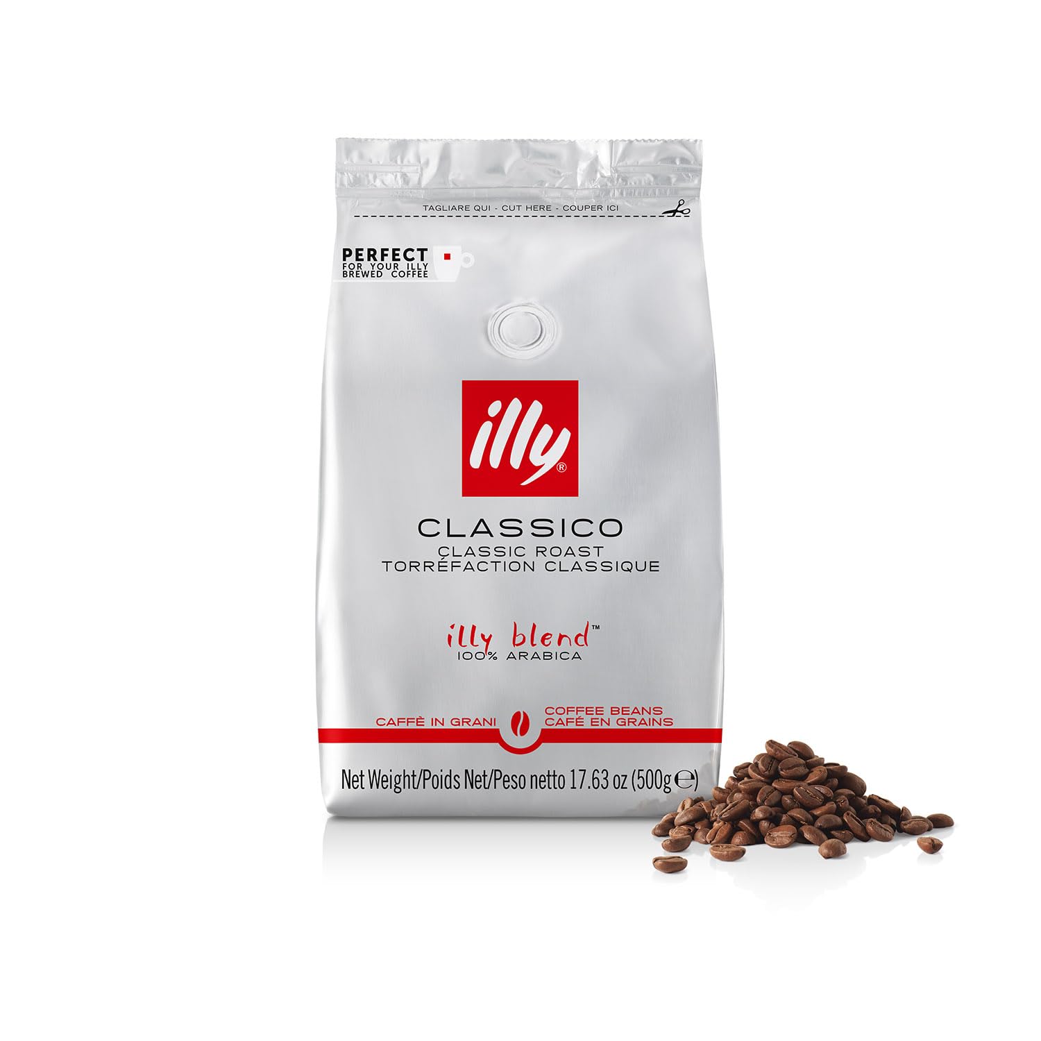 illy Whole Bean Coffee - Classico Medium Roast - Notes of Caramel, Orange Blossom & Jasmine - 100% Arabica - No Preservatives - 17.6 Oz