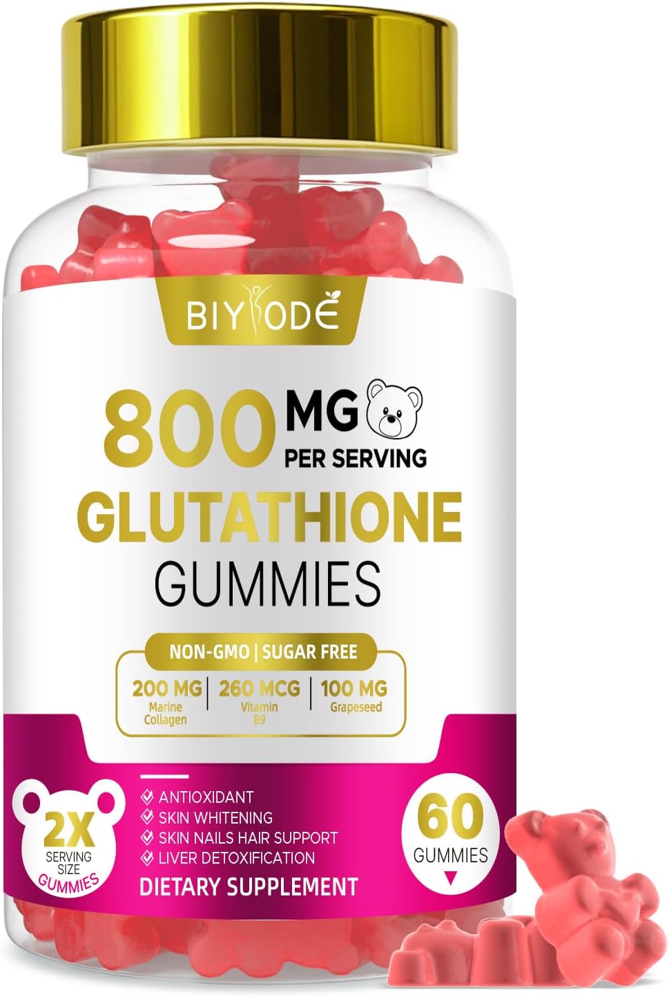 Glutathione Gummies with Collagen for Women: 800mg Glutathione Vitamin C & E Skin Glow Hair & Nail Support Anti-Aging Antioxidant Sugar-Free Non-GMO Strawberry Flavor 60 Gummies