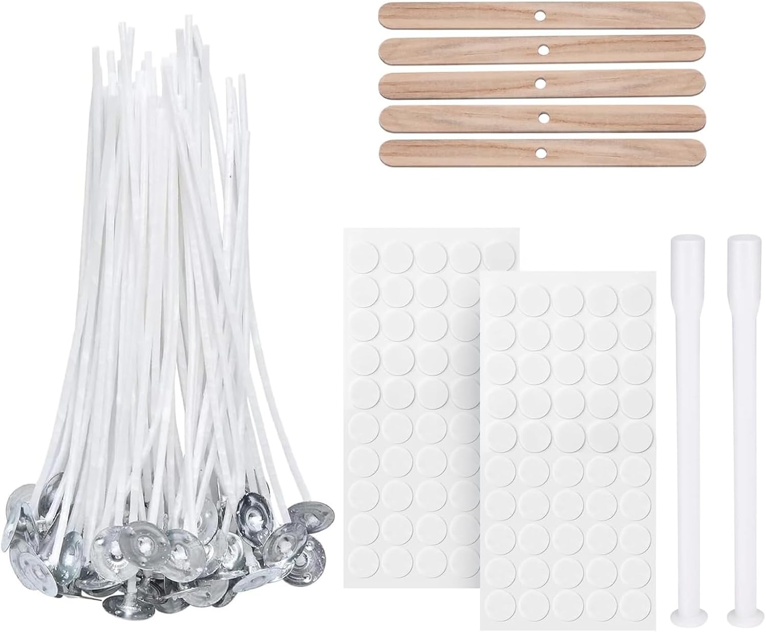 VABNEER 100 Piece Cotton Candle Wick Candle Making for Candle DIY No Black Smoke (10cm/4in with 5pcs Candle Wick Holders & 100pcs Double-sided Adhesive Points)