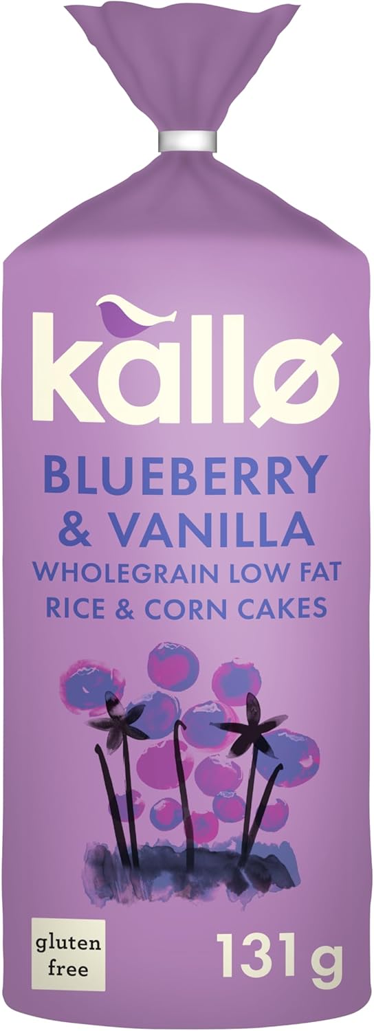 Kallo Blueberry & Vanilla Corn & Rice Cakes, Wholegrain Low Fat Healthy Snacks for Adults & Children, Vegan Friendly, Gluten Free, No Artificial Flavours or Preservatives, Single Pack – 1 x 131g