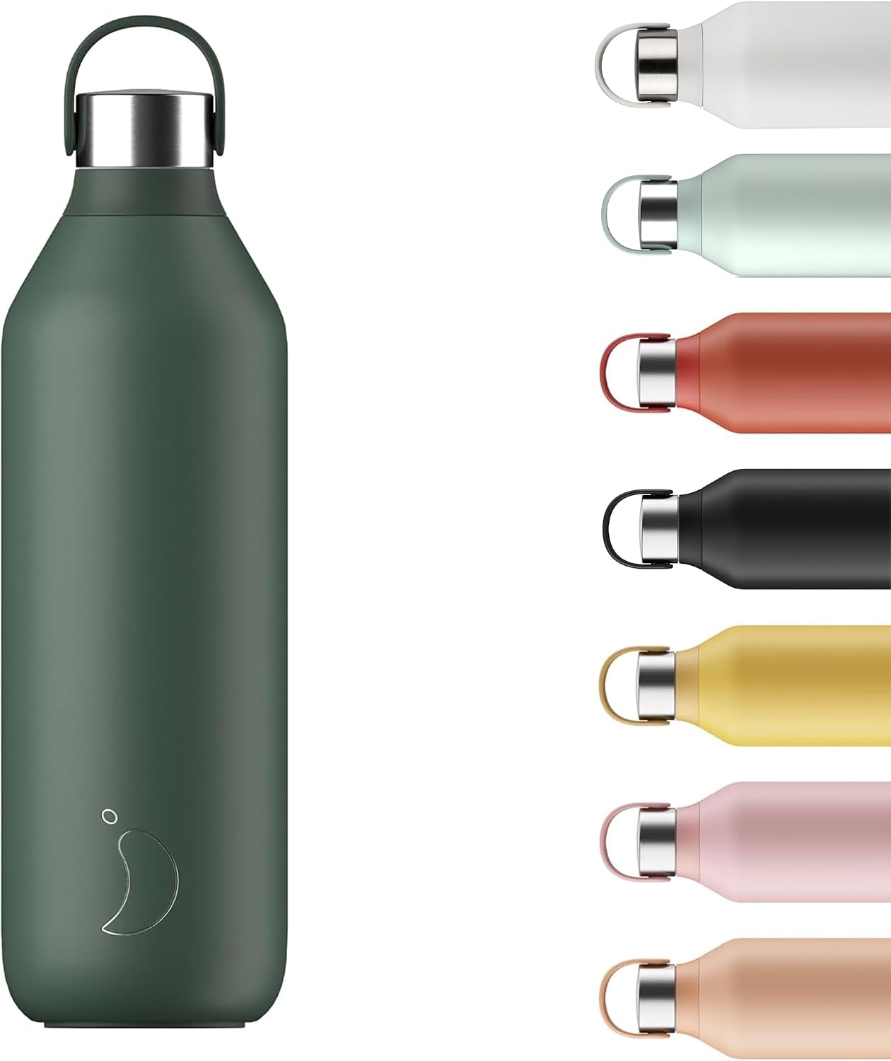 Chilly's Series 2 Water Bottle - Vacuum Insulated Stainless Steel Water Bottle with Soft Collar & Carry Loop, Thermal Flask for Hot & Cold Drinks - Leak Proof, No Sweat - Pine Green, 1000ml